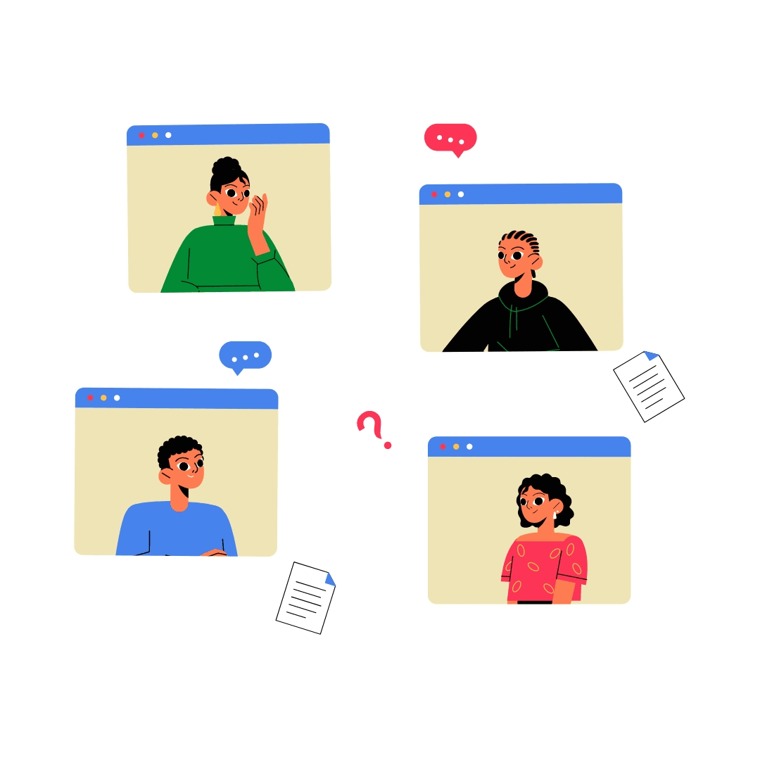 Illustration of community members connecting on a video call.