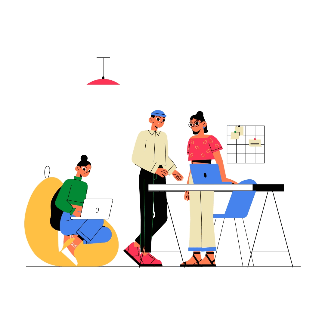 Illustration of a team collaborating around laptops in an office.